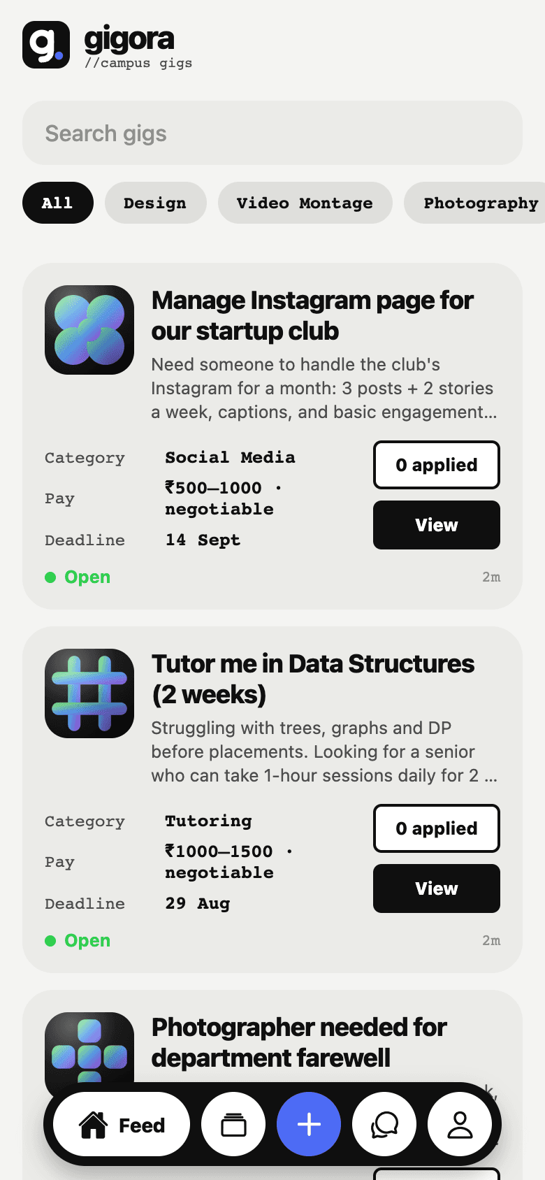 Gigora campus feed with paid gigs and category filters.